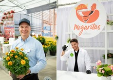 Primera foto, izquierda: Dwight Deppen, Director de Ventas y Marketing para Norteamérica, presentando la ganadora de la AAS 2025, Tagetes Mango Tango. Segunda foto, derecha: Kyle, camarero, sirve "Megaritas" y "Mega Cooladas" heladas en el bar Begonia Mega Cool.