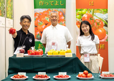 Kei Narumi con Enza Zaden, Maruo de Enken, y Dayeon Park con Enza Zaden presentan sus distintas variedades de tomate para operadores de invernaderos.